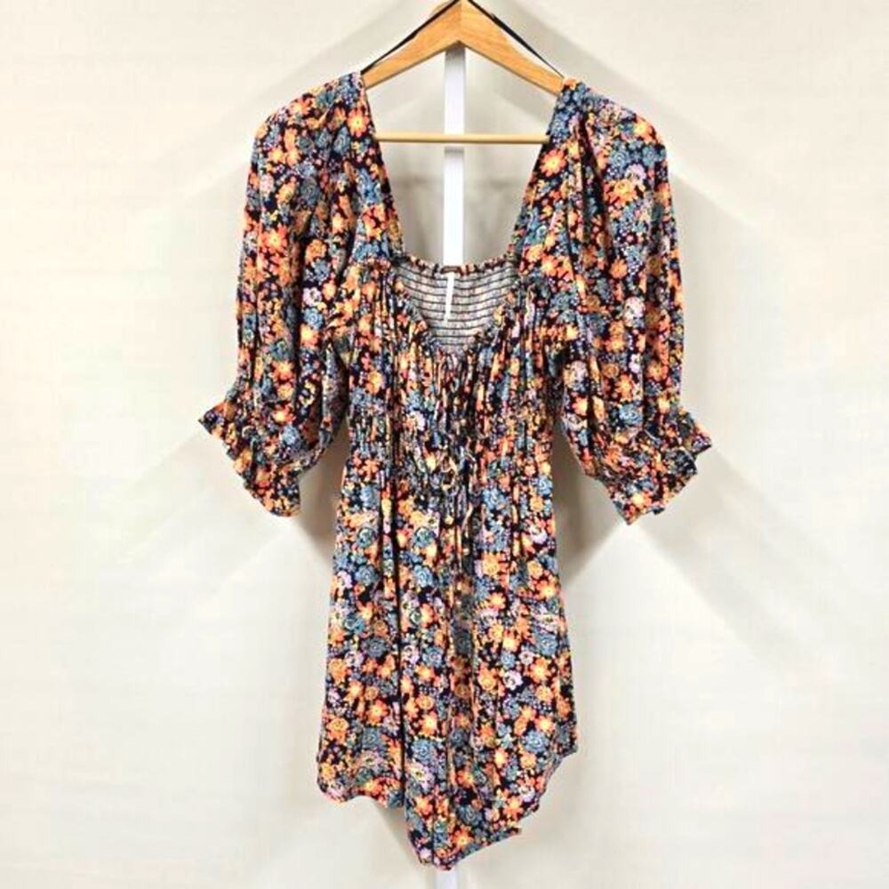 Free People‎ Womens Floral Smocked Linen Blend Puff Sleeve Romper Multicolor M
